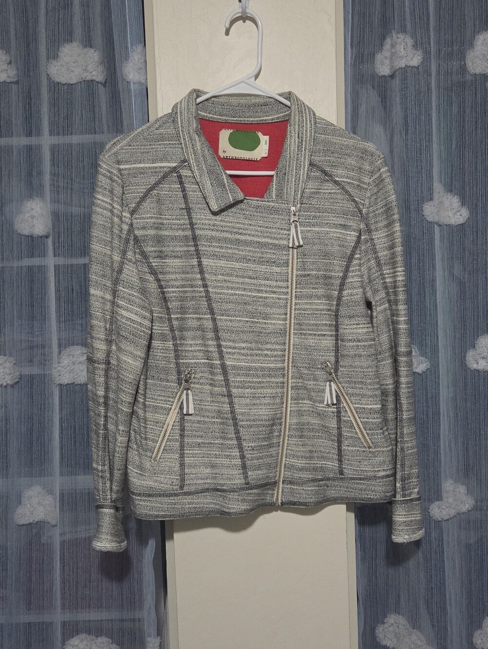 Anthropologie 100% Cotton Grey Striped Moto Jacket